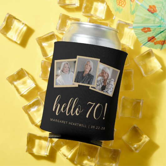 70誕生日3フォトブラック金ゴールドスクリプト応援 缶クーラー (インサイチュ 夏)