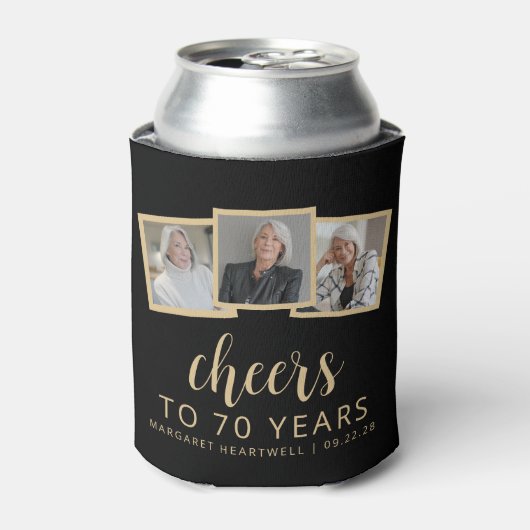 70誕生日3フォトブラック金ゴールドスクリプト応援 缶クーラー (缶正面)