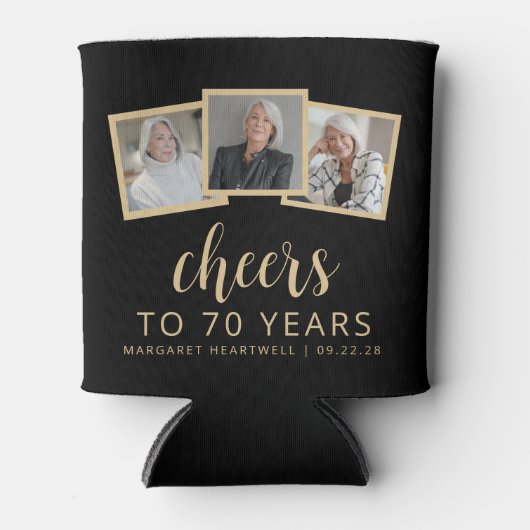 70誕生日3フォトブラック金ゴールドスクリプト応援 缶クーラー (正面)