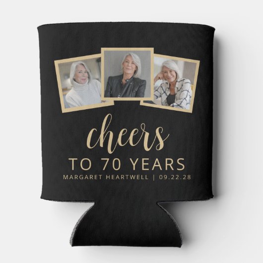 70誕生日3フォトブラック金ゴールドスクリプト応援 缶クーラー (裏面)
