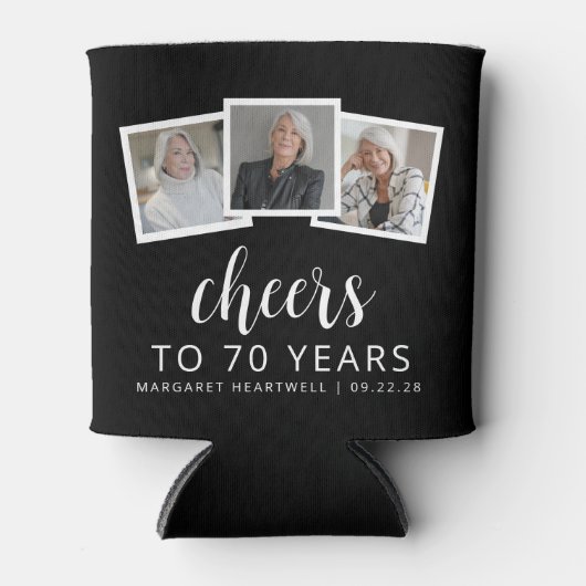 70誕生日3フォト白黒スクリプト応援 缶クーラー (正面)