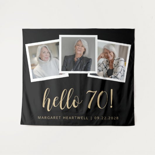 70誕生日3枚フォト金ゴールドスクリプト応援ブラック タペストリー (正面(横))