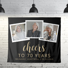 70誕生日3枚フォト金ゴールドスクリプト応援ブラック タペストリー