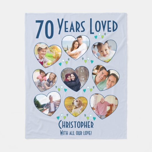 70誕生日70年の愛するハート写真コラージュ フリースブランケット (正面)