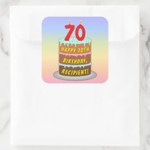 70誕生日:おもしろいケーキとキャンドル+名前をカスタムする スクエアシール