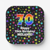 70誕生日:おもしろいスター柄と虹"70" ペーパープレート (正面)