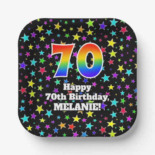 70誕生日:おもしろいスター柄と虹"70" ペーパープレート (正面)