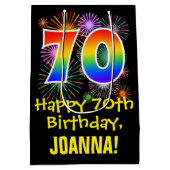 70誕生日:おもしろい花火パターン+虹70 ミディアムペーパーバッグ (裏面)