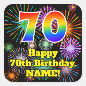 70誕生日:おもしろい花火ルック、レインボー# 70 スクエアシール (正面)