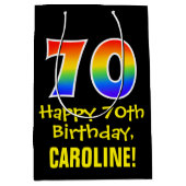 70誕生日:おもしろい、はっきりした、カラフルレインボー「70」 ミディアムペーパーバッグ (正面)