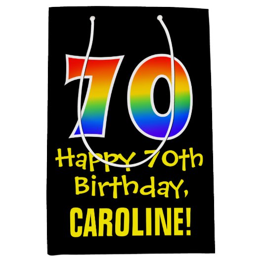 70誕生日:おもしろい、はっきりした、カラフルレインボー「70」 ミディアムペーパーバッグ (正面)
