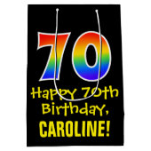 70誕生日:おもしろい、はっきりした、カラフルレインボー「70」 ミディアムペーパーバッグ (裏面)