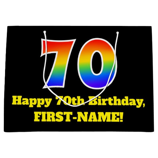 70誕生日~おもしろい, カラフル, 鮮やか, Rainbow 70 ラージペーパーバッグ (正面)