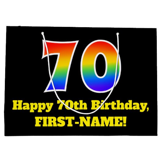 70誕生日～おもしろい, カラフル, 鮮やか, Rainbow 70 ラージペーパーバッグ (裏面)