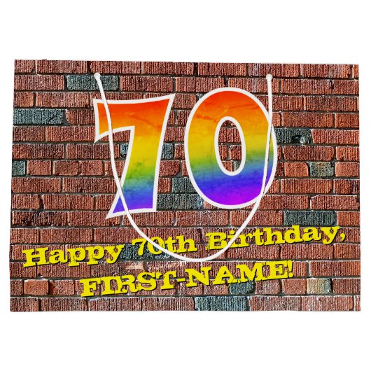 70誕生日:おもしろい、グラフィティインスパイアレインボーー# 70 ラージペーパーバッグ (裏面)