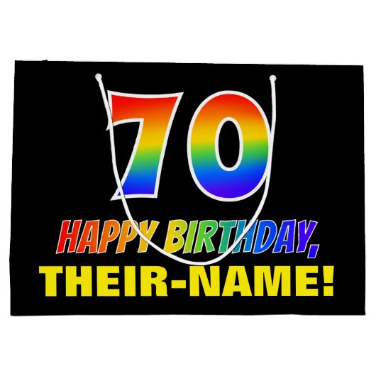 70誕生日:はっきりした,おもしろい,シンプル虹, 70 ラージペーパーバッグ (裏面)