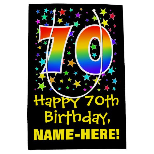70誕生日:カラフルスターズパターン&レインボー70 ミディアムペーパーバッグ (正面)