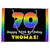 70誕生日:カラフルレインボー# 70、名前をカスタムする ラージペーパーバッグ (裏面)