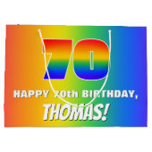 70誕生日: カラフル、おもしろいレインボーパターン# 70 ラージペーパーバッグ (裏面)