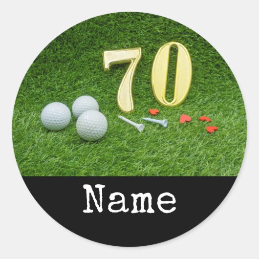 70誕生日、ゴルフボールとティー付きグリーン ラウンドシール (正面)