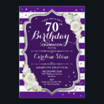 70誕生日 – シルバーパープル白ストライプバラ 招待状<br><div class="desc">70誕生日招待状エレガントフローラデザイン紫と白王室のにグリッター銀フェイクを使用。白いバラ、スクリプトスタイリッシュフォント、ストライプ紙吹雪。エレガントな誕生日パーティーに最適。どんなカスタマイズ年にも入る事ができる！</div>