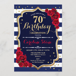 70誕生日 – ネイビーストライプホワイトとレッドローズ 招待状