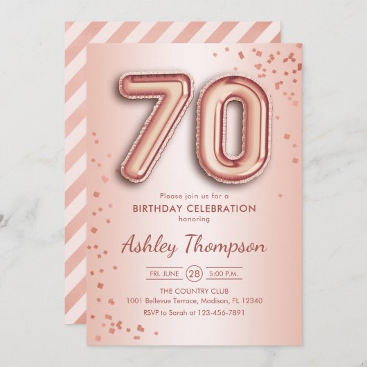 70誕生日-バラ金ゴールドバルーン 招待状 (正面/裏面)