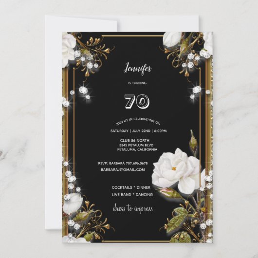 70誕生日/パーティー金ゴールド華美フレーム白花 招待状 (正面)