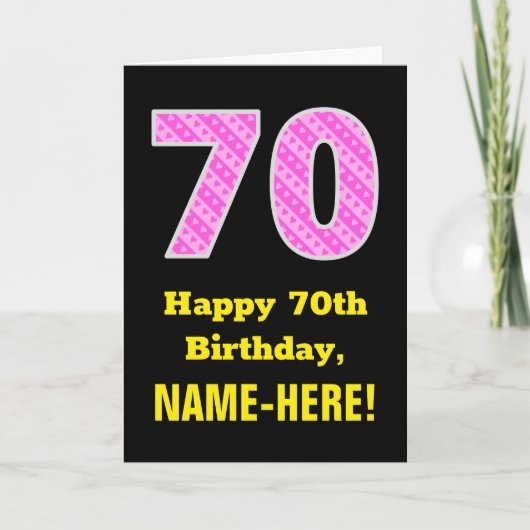 70誕生日:ピンクのストライプとハート「70」 +名前 カード (正面)