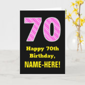 70誕生日:ピンクのストライプとハート「70」 +名前 カード (黄色い花)