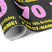 70誕生日:ピンクストライプのハートと「70」 +名前 ラッピングペーパー (ロールコーナー)