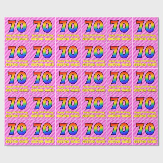 70誕生日:ピンクストライプのハート、レインボー# 70 ラッピングペーパー (フラット)