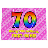 70誕生日:ピンクストライプのハート、レインボー# 70 ラージペーパーバッグ (正面)
