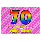 70誕生日:ピンクストライプのハート、レインボー# 70 ラージペーパーバッグ (裏面)