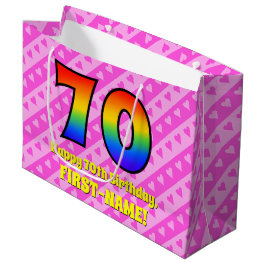 70誕生日：ピンクストライプのハート、レインボー# 70 ラージペーパーバッグ