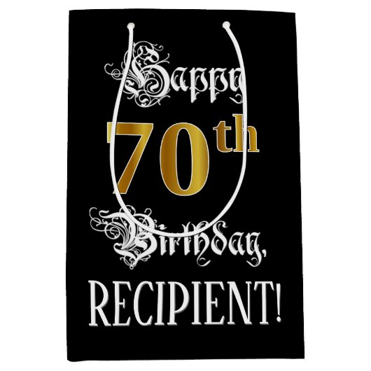 70誕生日～ファンシースクリプト；フェイク金ゴールド検索；名前 ミディアムペーパーバッグ (正面)