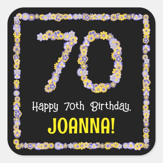 70誕生日:フローラ花数名前をカスタムする スクエアシール (正面)