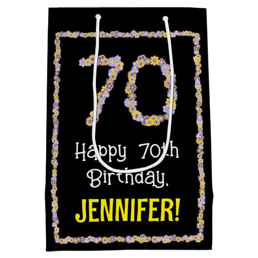 70誕生日:フローラ花数名前をカスタムする ミディアムペーパーバッグ (裏面)