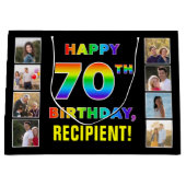 70誕生日：レインボー文字カスタム、写真&名前 ラージペーパーバッグ (正面)