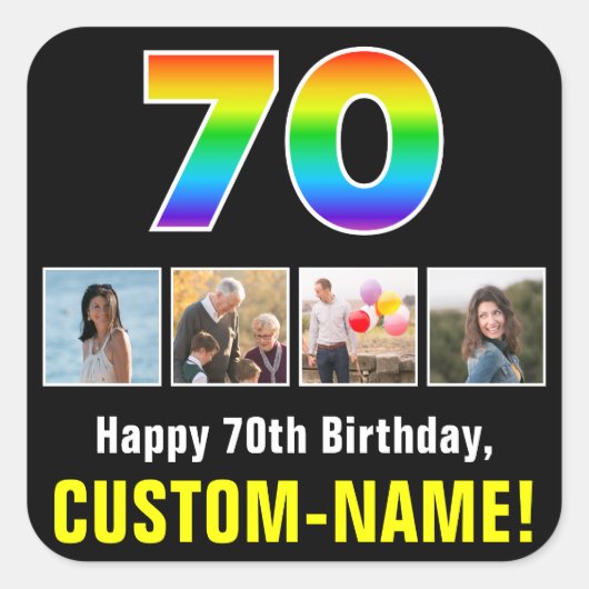 70誕生日:レインボー「70」、写真カスタムと名前 スクエアシール (正面)