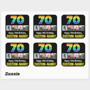 70誕生日:レインボー「70」、写真カスタムと名前 スクエアシール