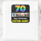 70誕生日:レインボー「70」、写真カスタムと名前 スクエアシール (バッグ)