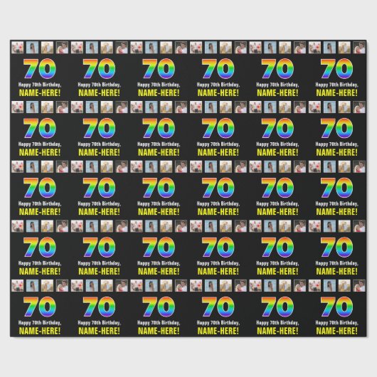70誕生日:レインボー「70」、写真カスタムと名前 ラッピングペーパー (シーム)