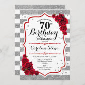 70誕生日 – レッドシルバーホワイトストライプバラ 招待状 (正面/裏面)