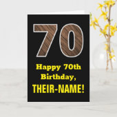 70誕生日:名前、フェイク木目パターン「70」 カード (黄色い花)