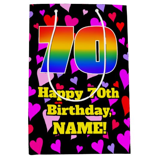 70誕生日:愛するハートパターン、虹# 70 ミディアムペーパーバッグ (正面)