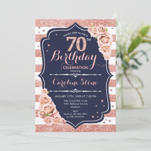 70誕生日 – 海軍バラ金ゴールドと白ストライプ色 招待状 (スタンド正面)