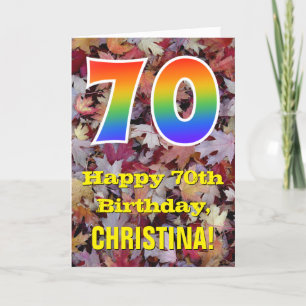 70誕生日、素朴紅葉、レインボー「70」 カード
