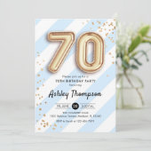 70誕生日 – 青いのストライプ金ゴールド 招待状 (スタンド正面)