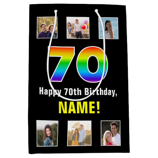 70誕生日: Rainbow "70"，写真カスタムと名前 ミディアムペーパーバッグ (正面)